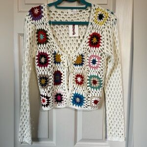 Multicolor Crochet V-Neck Tie Closure Sweater